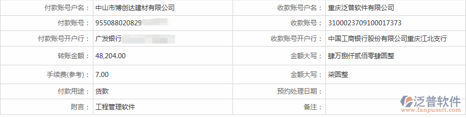 中山市博創(chuàng)達(dá)建材公司簽約OA智能辦公管理系統(tǒng)匯款記錄