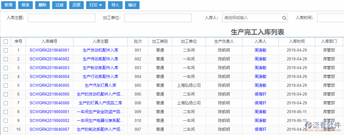 生產(chǎn)完工入庫列表