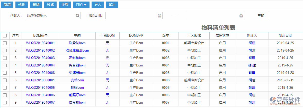 物料清單列表