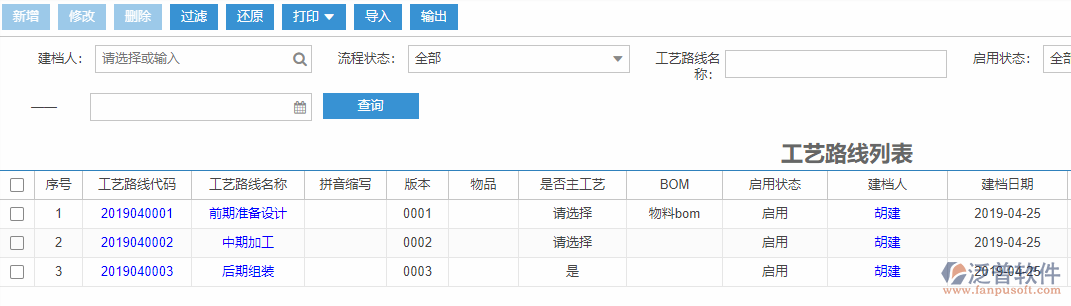 工藝路線列表