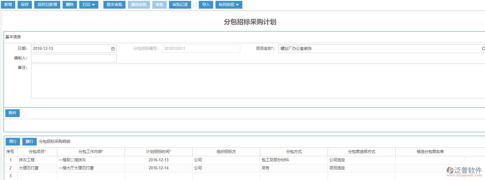 分包招標(biāo)采購計劃