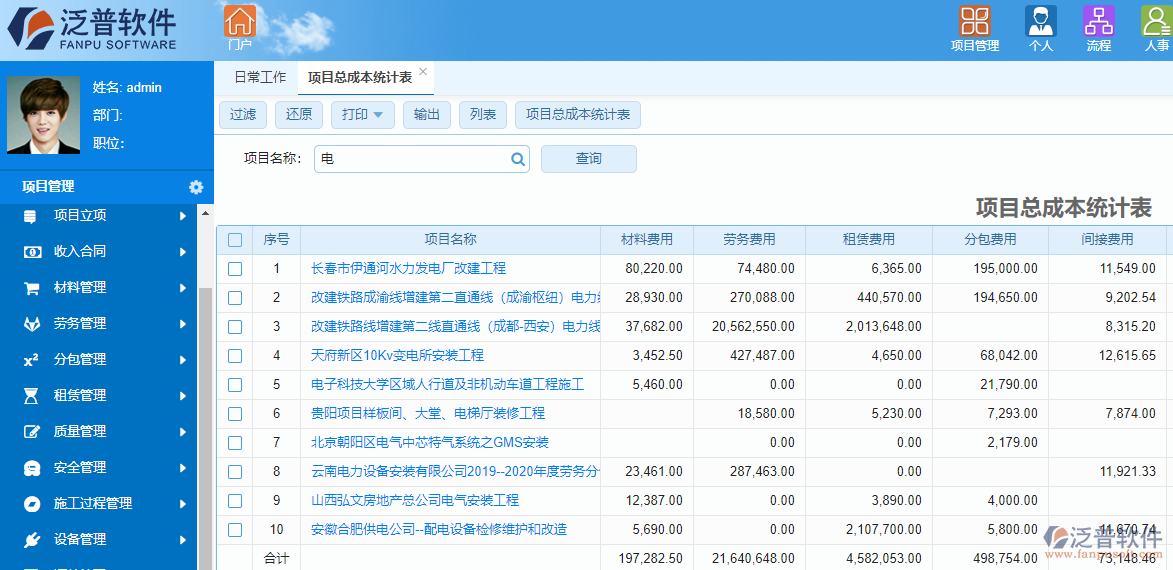 泛普光電工程項目管理軟件成本管理