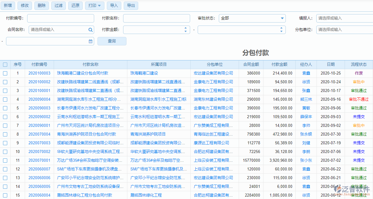 分包付款列表