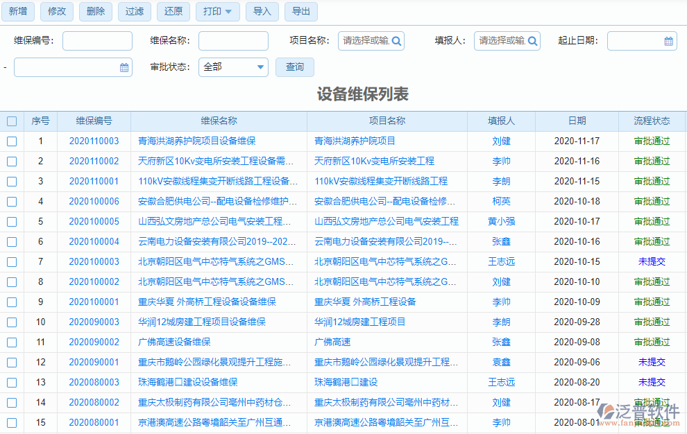 設(shè)備維保列表