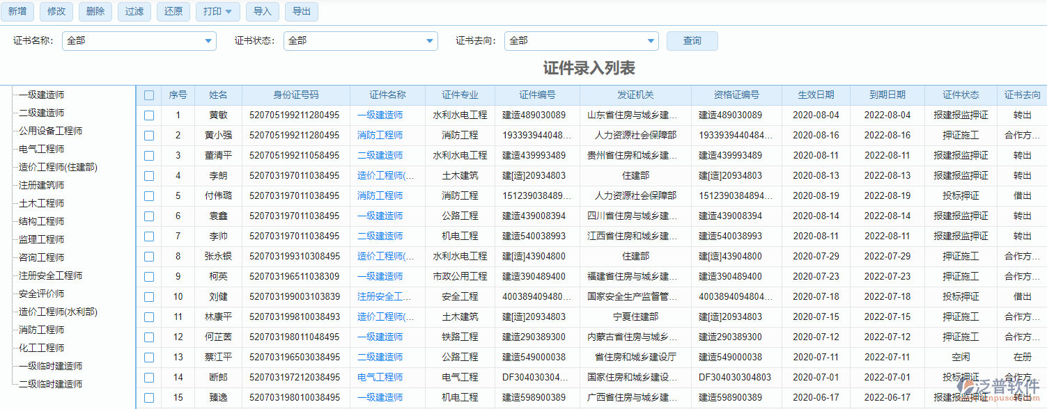 證件錄入列表