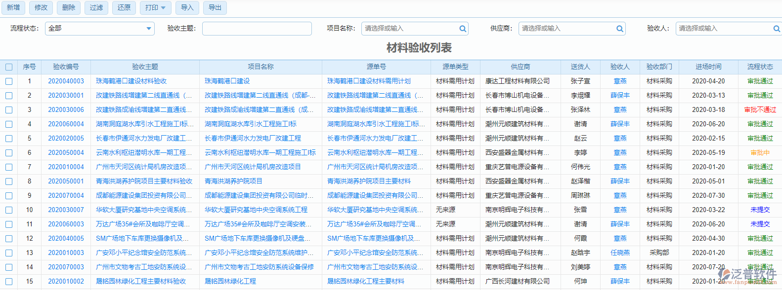 材料驗收列表