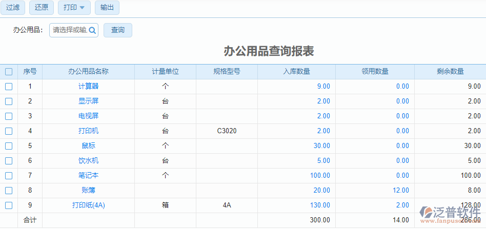 辦公用品查詢報(bào)表