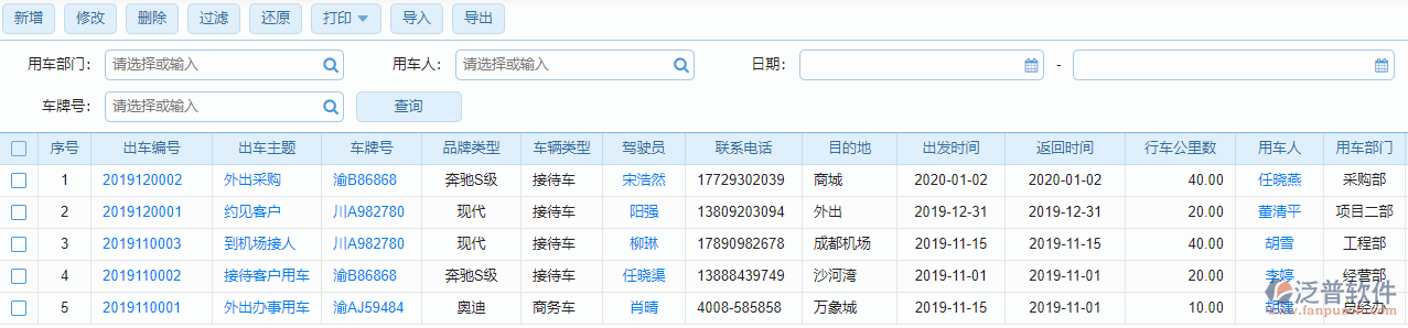 出車(chē)記錄列表