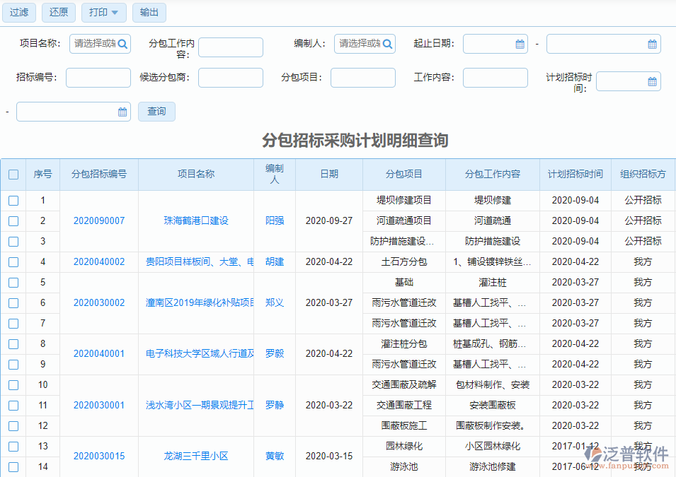 分包招標(biāo)計劃查詢明細(xì)