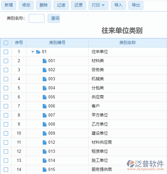 往來(lái)單位類別列表