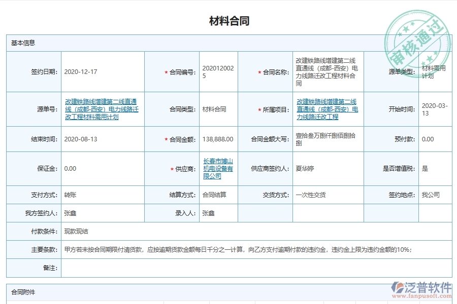 泛普軟件電力工程企業(yè)管理系統(tǒng)中施工材料合同報表管理模塊功能