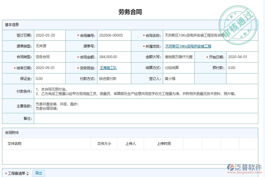 泛普軟件電力工程系統(tǒng)的勞務(wù)合同管理功能