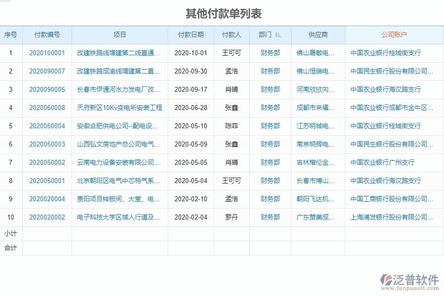 泛普電力工程項目管理系統(tǒng)在其他付款單列表中的價值