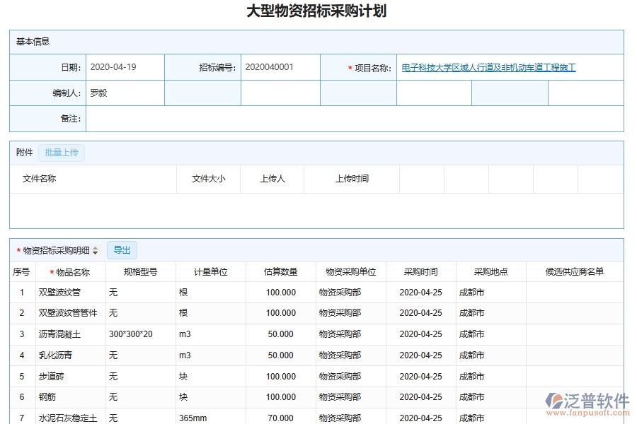 泛普軟件的市政工程企業(yè)管理系統(tǒng)如何有效提高招標(biāo)計(jì)劃中大型物資采購計(jì)劃的管理