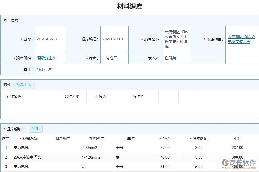 設(shè)備安裝工程項目管理系統(tǒng)在材料退庫中的主要功能