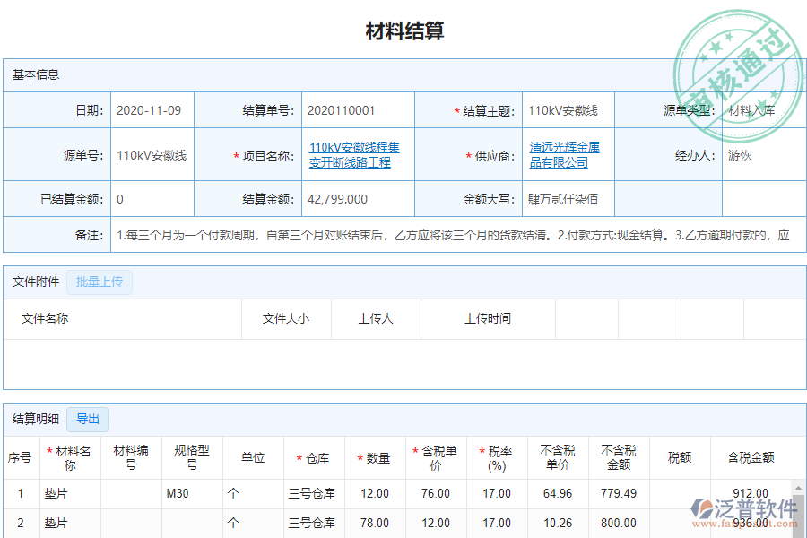 泛普安裝工程企業(yè)管理系統(tǒng)中材料結(jié)算明細(xì)查詢的價(jià)值