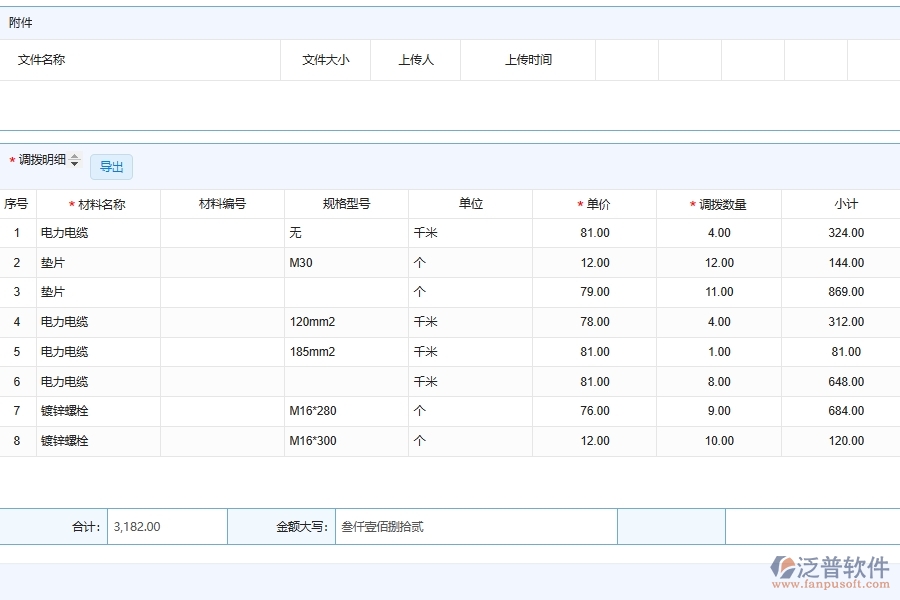 泛普軟件電力工程系統(tǒng)的施工材料調(diào)撥明細(xì)查詢功能