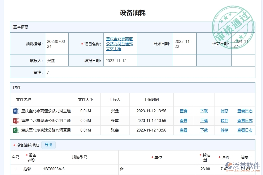 泛普軟件-路橋工程管理系統(tǒng)在設(shè)備用油耗料明細(xì)匯總管理中的應(yīng)用場(chǎng)景