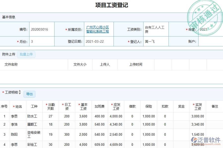 三、泛普軟件-園林工程企業(yè)管理系統(tǒng)中的項(xiàng)目工資列表主要內(nèi)容