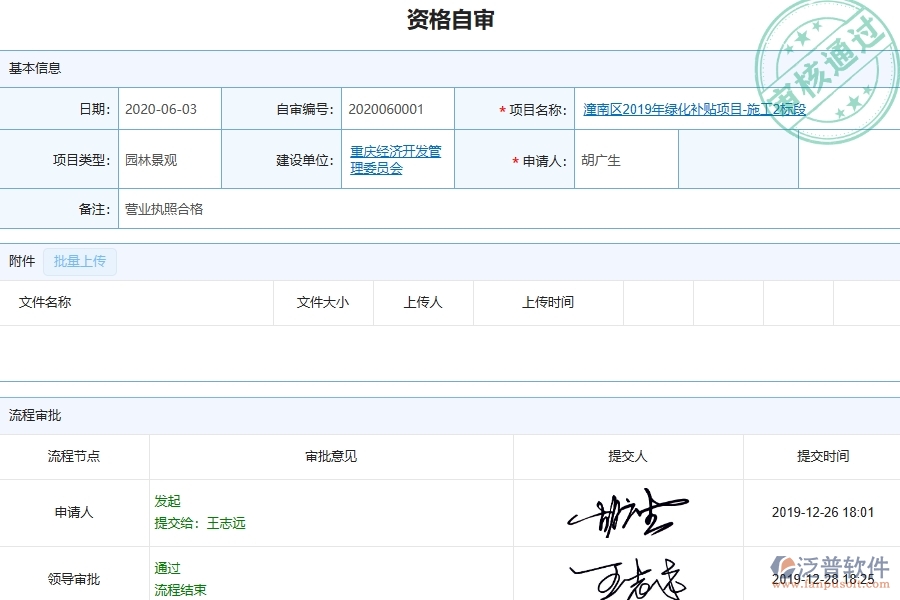 三、泛普軟件-園林工程企業(yè)管理系統(tǒng)中的資格自審列表主要內(nèi)容