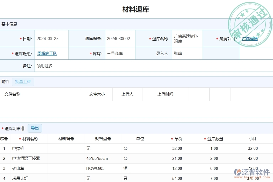 四、泛普軟件-公路工程管理系統(tǒng)在材料退庫(kù)明細(xì)查詢中的解決方案