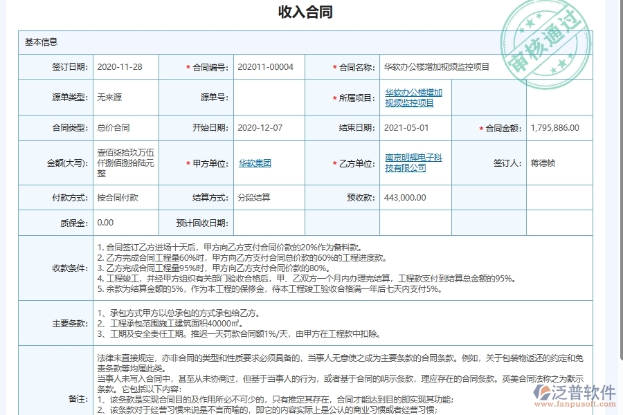 泛普軟件-弱電工程企業(yè)管理系統(tǒng)中施工合同管理的核心功能