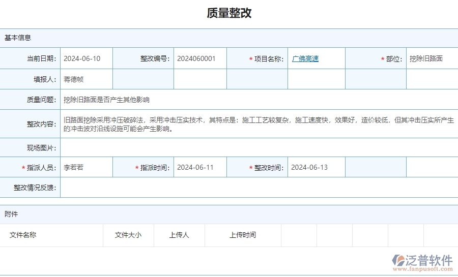 三、泛普軟件-公路工程企業(yè)管理系統(tǒng)中的質(zhì)量整改列表主要內(nèi)容