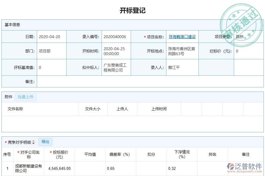 泛普軟件-路橋工程企業(yè)管理系統(tǒng)如何有效提升企業(yè)中的開標(biāo)登記