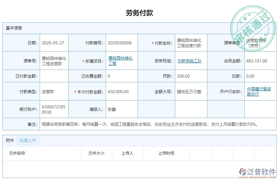 三、泛普軟件-園林工程企業(yè)管理系統(tǒng)中勞務(wù)付款列表的主要功能