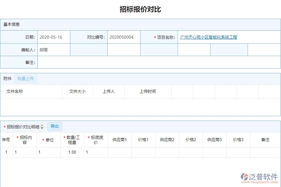 泛普軟件-園林工程企業(yè)管理系統(tǒng)中招標(biāo)對(duì)比主要功能