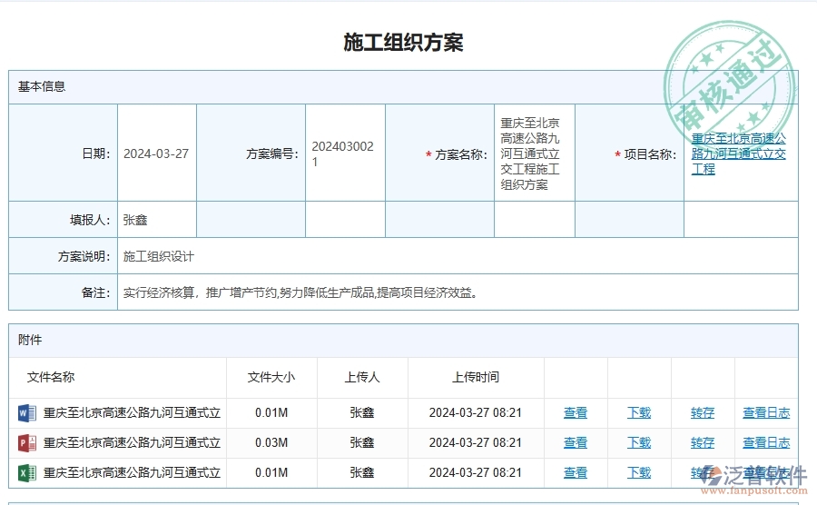 泛普軟件-路橋工程企業(yè)管理系統(tǒng)中施工組織方案查詢的主要功能