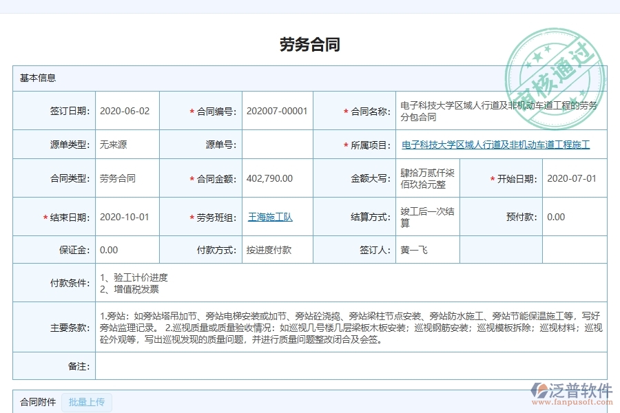 泛普軟件-市政工程企業(yè)管理系統(tǒng)中勞務(wù)合同列表的管控點及作用