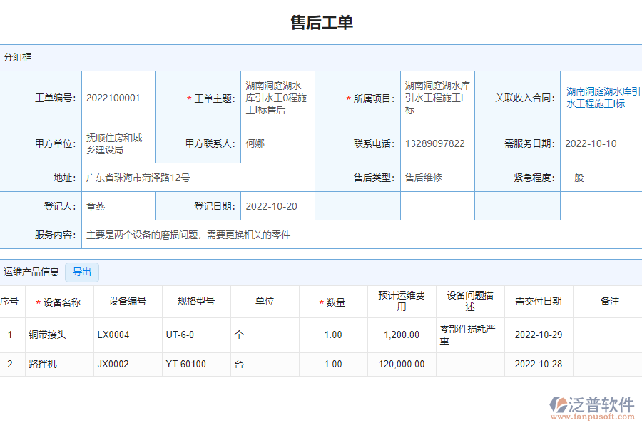 泛普軟件-市政企業(yè)管理軟件中售后工單明細(xì)表的價值