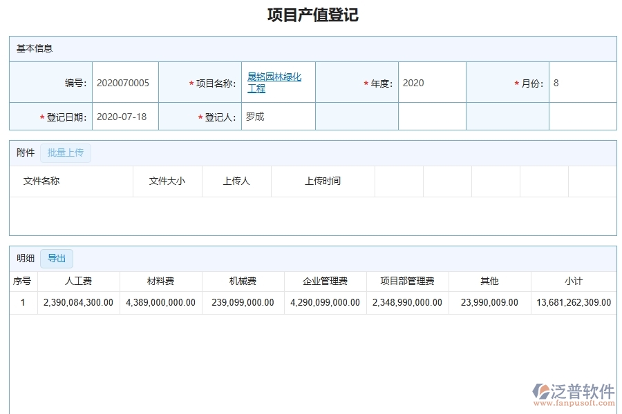 泛普軟件-園林工程企業(yè)管理系統(tǒng)中項目產值登記的主要功能