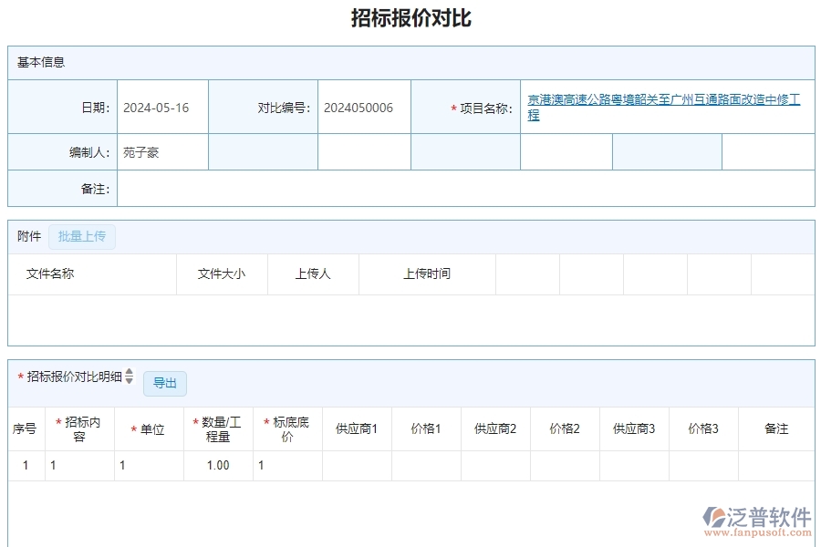 三、泛普軟件-公路工程企業(yè)管理系統(tǒng)的招標(biāo)報(bào)價(jià)對比明細(xì)查詢的管控點(diǎn)