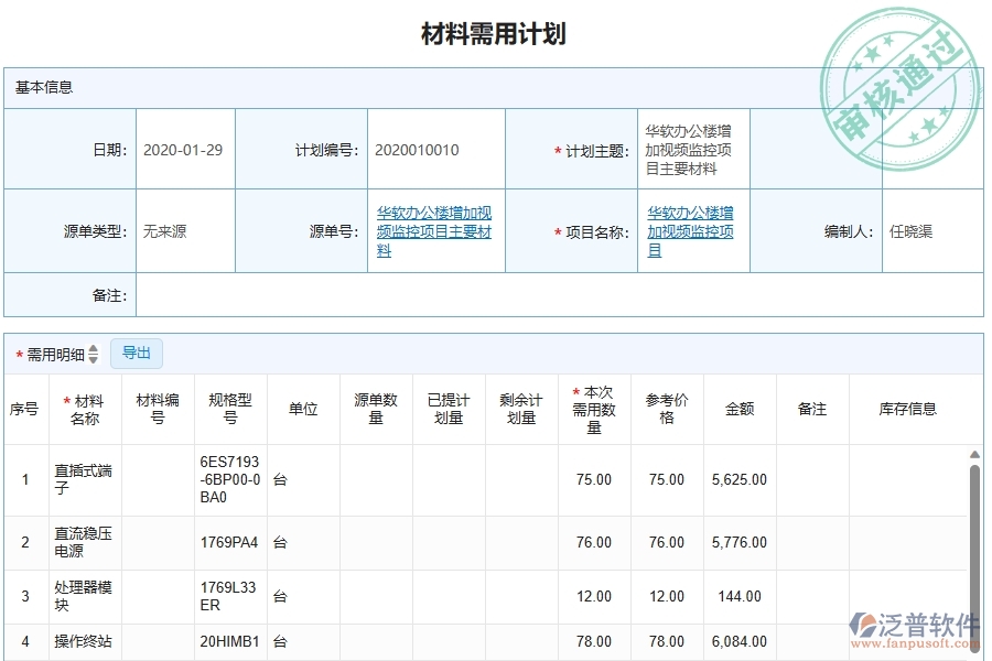 泛普軟件-的弱電工程項(xiàng)目管理系統(tǒng)在材料需用計(jì)劃明細(xì)查詢(xún)中的價(jià)值