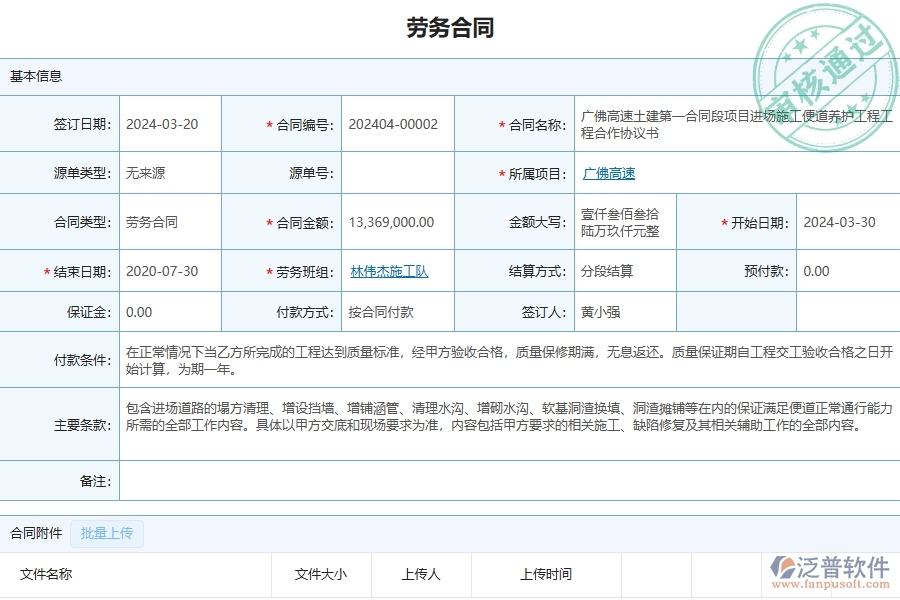 三、泛普軟件-公路工程企業(yè)管理系統(tǒng)中的勞務(wù)合同列表主要內(nèi)容