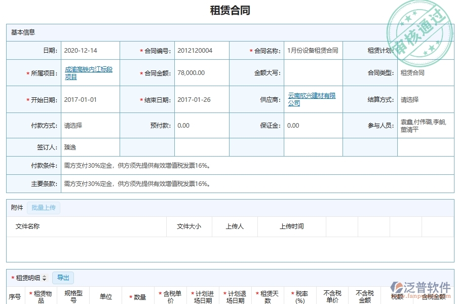 泛普軟件-市政工程企業(yè)管理系統(tǒng)中設(shè)備租賃合同臺(tái)賬報(bào)表管理的核心功能