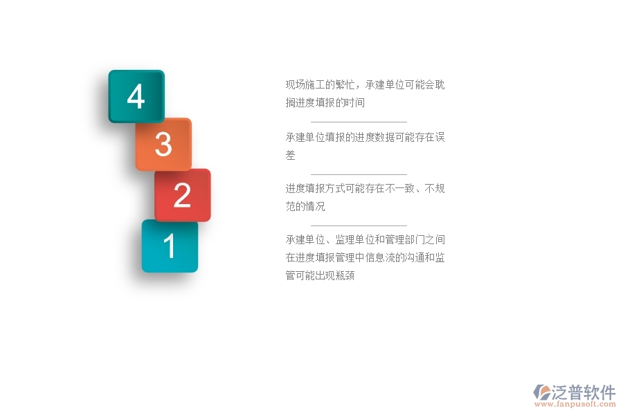 　　一、公路工程企業(yè)在進(jìn)度列表管理過程中存在的問題有哪些  　　1、現(xiàn)場施工的繁忙，承建單位可能會耽擱進(jìn)度填報的時間，導(dǎo)致監(jiān)理單位和管理部門不能及時掌握項(xiàng)目的整體進(jìn)度情況。  　　2、承建單位填報的進(jìn)度數(shù)據(jù)可能存在誤差，如進(jìn)度節(jié)點(diǎn)的處理和審核不準(zhǔn)確，影響項(xiàng)目進(jìn)度的跟蹤和管理。  　　3、進(jìn)度填報方式可能存在不一致、不規(guī)范的情況，如進(jìn)度條目的格式不正確，起始時間和結(jié)束時間不清晰等，給后續(xù)數(shù)據(jù)處理和分析帶來困難。  　　4、在進(jìn)度填報過程中可能沒有及時記錄，無法追溯，導(dǎo)致后期數(shù)據(jù)統(tǒng)計與分析時無法確定具體的數(shù)據(jù)參考來源。  　　5、可能出現(xiàn)漏填、遺漏或者不完整的情況，導(dǎo)致數(shù)據(jù)處理不準(zhǔn)確，影響后續(xù)工作的提前預(yù)警、異常處理和決策分析。  　　6、承建單位、監(jiān)理單位和管理部門之間在進(jìn)度填報管理中信息流的溝通和監(jiān)管可能出現(xiàn)瓶頸，導(dǎo)致監(jiān)管難度加大，進(jìn)度管理效果下降。  　　二、泛普軟件-公路工程企業(yè)系統(tǒng)中進(jìn)度列表管理的管控點(diǎn)  　　1、制定進(jìn)度填報的標(biāo)準(zhǔn)格式，包括條目名稱、填寫格式、單位規(guī)定等，確保各方填報數(shù)據(jù)的格式一致性和標(biāo)準(zhǔn)化。  　　2、明確進(jìn)度填報的責(zé)任人和責(zé)任部門，細(xì)化填報流程和進(jìn)度監(jiān)管機(jī)制，確保進(jìn)度數(shù)據(jù)的完整性和準(zhǔn)確性。  　　3、采用信息化手段，如進(jìn)度管理系統(tǒng)、移動App等，實(shí)現(xiàn)企業(yè)信息化管理和數(shù)據(jù)共享，促進(jìn)信息共享和協(xié)同工作。  　　4、在現(xiàn)場設(shè)立進(jìn)度填報點(diǎn)，配備專人跟蹤填報進(jìn)度數(shù)據(jù)，并對填報數(shù)據(jù)進(jìn)行審核和公示，有效控制填報數(shù)據(jù)的準(zhǔn)確性和實(shí)時性。  　　5、對進(jìn)度數(shù)據(jù)進(jìn)行分析，及時發(fā)現(xiàn)進(jìn)度異常情況并進(jìn)行預(yù)警和處理，以便保證項(xiàng)目進(jìn)度的正常推進(jìn)和提高施工效率。  　　6、將進(jìn)度填報數(shù)據(jù)進(jìn)行歸檔，建立進(jìn)度數(shù)據(jù)檔案庫，方便后期數(shù)據(jù)的查找和溯源，也便于后續(xù)的經(jīng)驗(yàn)總結(jié)和管理優(yōu)化。  　　三、泛普軟件-公路工程系統(tǒng)中進(jìn)度列表管理的技術(shù)優(yōu)勢  　　1、提高數(shù)據(jù)處理和分析的效率，實(shí)現(xiàn)實(shí)時數(shù)據(jù)共享和協(xié)同工作，減少重復(fù)工作和數(shù)據(jù)錯誤，提升工作效率和施工質(zhì)量。  　　2、相較于傳統(tǒng)手工填寫，數(shù)據(jù)的準(zhǔn)確性和實(shí)時性得到了很大程度上的提升，能夠更為精準(zhǔn)地掌握項(xiàng)目進(jìn)度的狀態(tài)，提升項(xiàng)目和施工質(zhì)量。  　　3、通過數(shù)據(jù)歸檔和建立數(shù)據(jù)檔案庫的方式，將填報的數(shù)據(jù)進(jìn)行歸檔，能夠方便后續(xù)的數(shù)據(jù)查找、溯源和數(shù)據(jù)分析，為后續(xù)工作提供數(shù)據(jù)支撐和決策依據(jù)。  　　4、實(shí)現(xiàn)不同部門和人員之間的信息共享和協(xié)同工作，能夠減少信息孤島和信息壁壘的出現(xiàn)，提高協(xié)同工作效率和施工質(zhì)量。  　　5、及時發(fā)現(xiàn)和處理施工過程中的問題和風(fēng)險，及時調(diào)整和優(yōu)化施工進(jìn)度和資源配置，提高工作流程和管理效率。  　　四、泛普軟件-公路工程管理系統(tǒng)在進(jìn)度列表中的解決方案  　　1、數(shù)據(jù)采集：通過系統(tǒng)采集設(shè)備監(jiān)測、人員作業(yè)等數(shù)據(jù)，實(shí)現(xiàn)數(shù)據(jù)自動化和準(zhǔn)確性。  　　2、進(jìn)度分解：將工程項(xiàng)目按工序分解成多個節(jié)點(diǎn)，通過進(jìn)度管理系統(tǒng)進(jìn)行進(jìn)度規(guī)劃，確定各工序的計劃開始時間、結(jié)束時間、工期等信息，形成進(jìn)度計劃表。  　　3、進(jìn)度跟蹤：通過實(shí)時監(jiān)控工程進(jìn)度，對進(jìn)度偏差情況進(jìn)行預(yù)警和報警，及時調(diào)整進(jìn)度計劃，保證施工工序按照計劃有序進(jìn)行。  　　4、進(jìn)度協(xié)同：系統(tǒng)內(nèi)部溝通協(xié)作，實(shí)現(xiàn)不同人員、部門的進(jìn)度信息共享和協(xié)同工作，減少信息重復(fù)填寫和過時的情況，提高工作效率。  　　5、進(jìn)度分析：通過進(jìn)度數(shù)據(jù)分析，快速判斷工程進(jìn)度的偏差情況和原因，對進(jìn)度延誤和提前因素進(jìn)行分析和處理，提高工程質(zhì)量和效益。  　　6、進(jìn)度報告：根據(jù)進(jìn)度數(shù)據(jù)生成報表和圖表，實(shí)現(xiàn)進(jìn)度數(shù)據(jù)的可視化展示，為管理決策提供數(shù)據(jù)支撐。