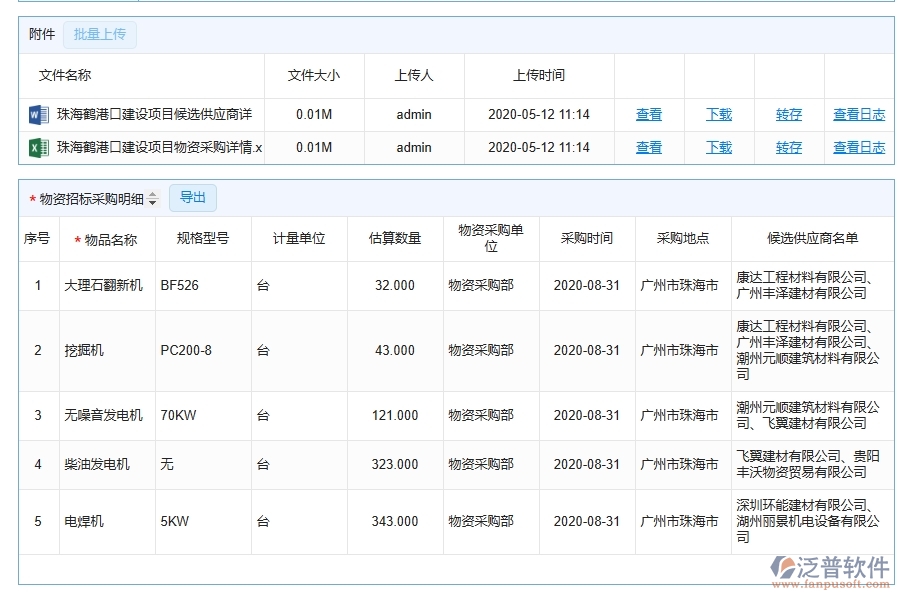 泛普軟件-幕墻工程企業(yè)管理系統(tǒng)中大型物資招標采購計劃明細查詢的主要功能