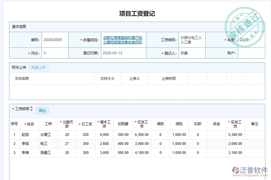 泛普軟件-弱電工程企業(yè)管理系統(tǒng)的項(xiàng)目部工資匯總管理為工程企業(yè)帶來(lái)管理革新