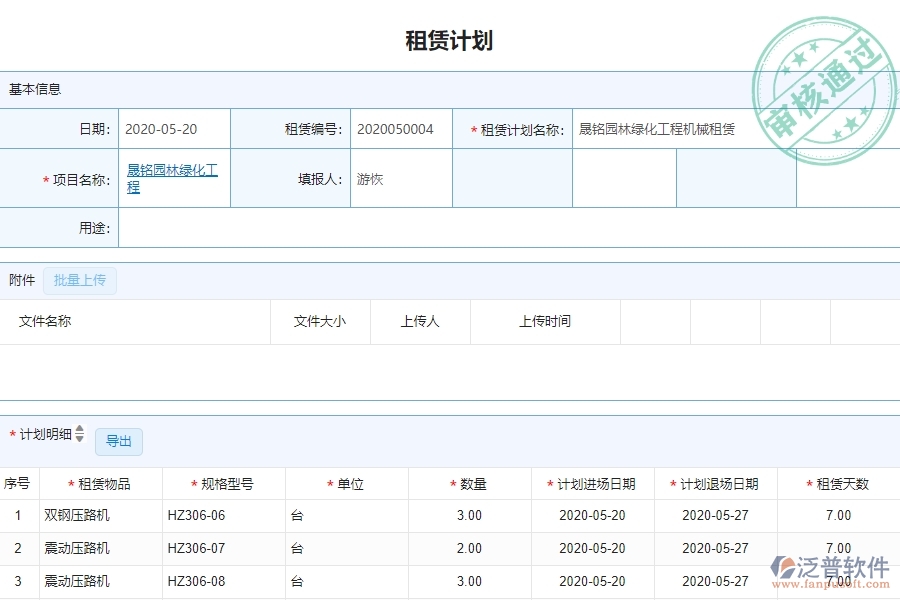 三、泛普軟件-園林工程企業(yè)管理系統(tǒng)中租賃計劃列表的管控點