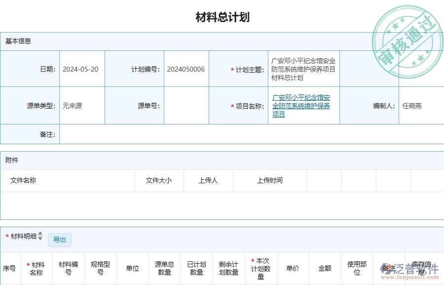 四、泛普軟件-安防工程管理系統(tǒng)在材料總計劃列表中的應用場景