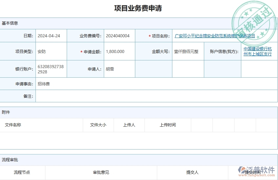 三、泛普軟件-安防工程管理系統(tǒng)中項目業(yè)務費申請的注意事項