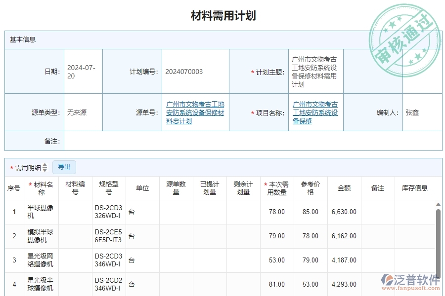 三、安防工程企業(yè)使用泛普軟件-材料需用計劃明細查詢管理的好處