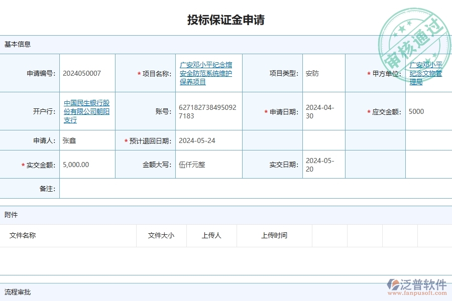三、泛普軟件-安防工程企業(yè)管理系統(tǒng)中的投標(biāo)保證金申請(qǐng)列表主要內(nèi)容