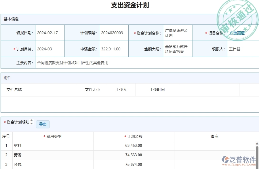 三、泛普軟件-公路工程企業(yè)管理系統(tǒng)中支出資金計劃的主要功能