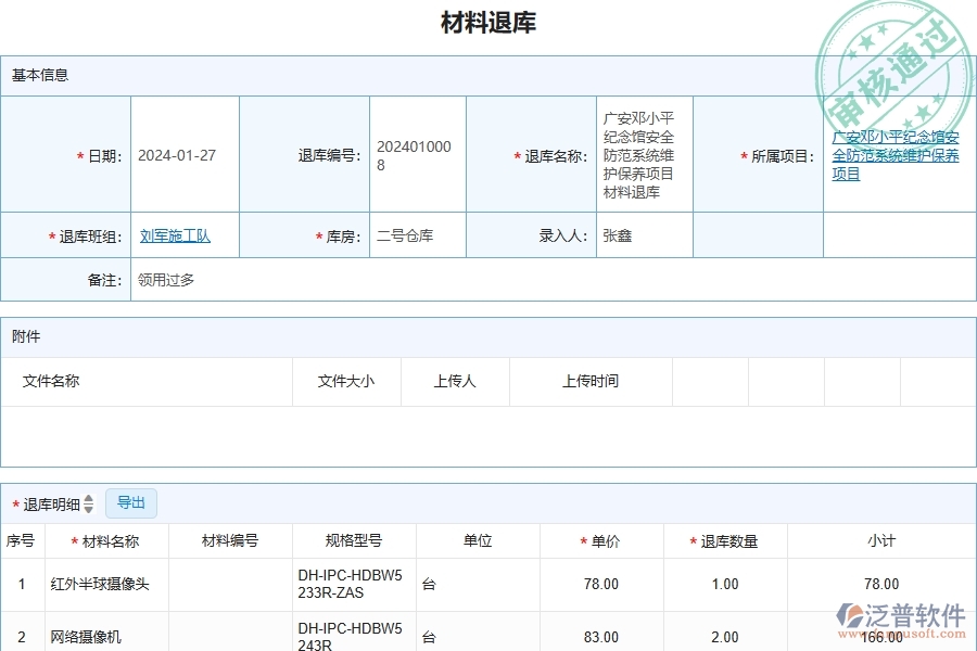 四、泛普軟件-安防工程企業(yè)材料退庫(kù)列表的重要性