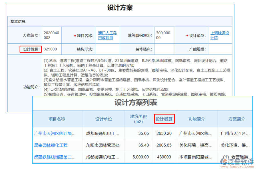 設(shè)計方案列表【設(shè)計概算】字段