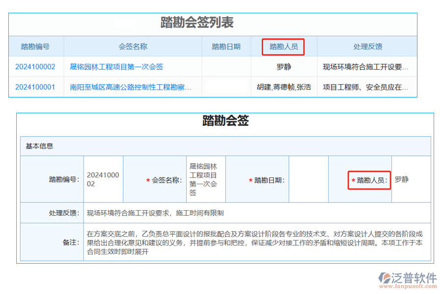 踏勘會(huì)簽列表中【踏勘人員】字段